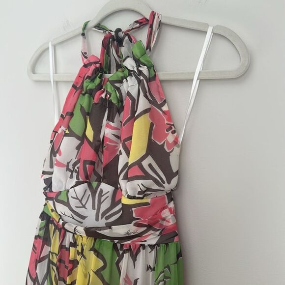 VTG MILLY OF NEW YORK 100% Silk Halter Drop Waist Dress Pink/Green Y2K Size 0 - Picture 4 of 11